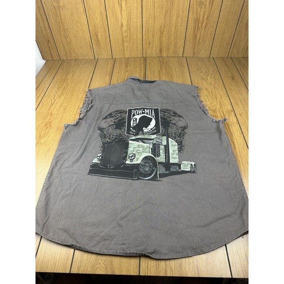 POW MIA Big Rig Truck Mens Shirt L Gray Raw Edges Sleeveless Front Buttons - Picture 1 of 16